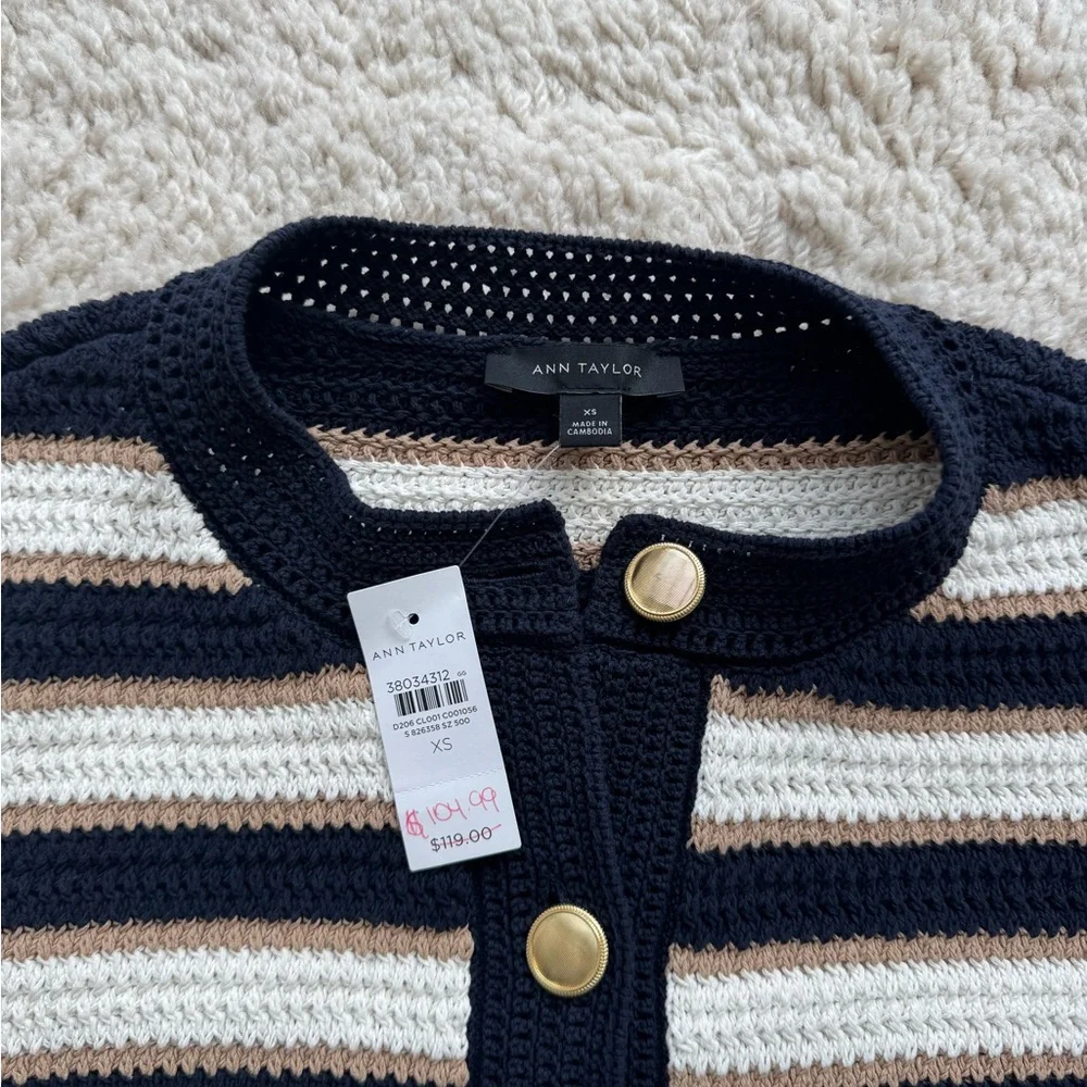 Striped Navy and Cream Button-Up Sweater - Picture 5 of 6